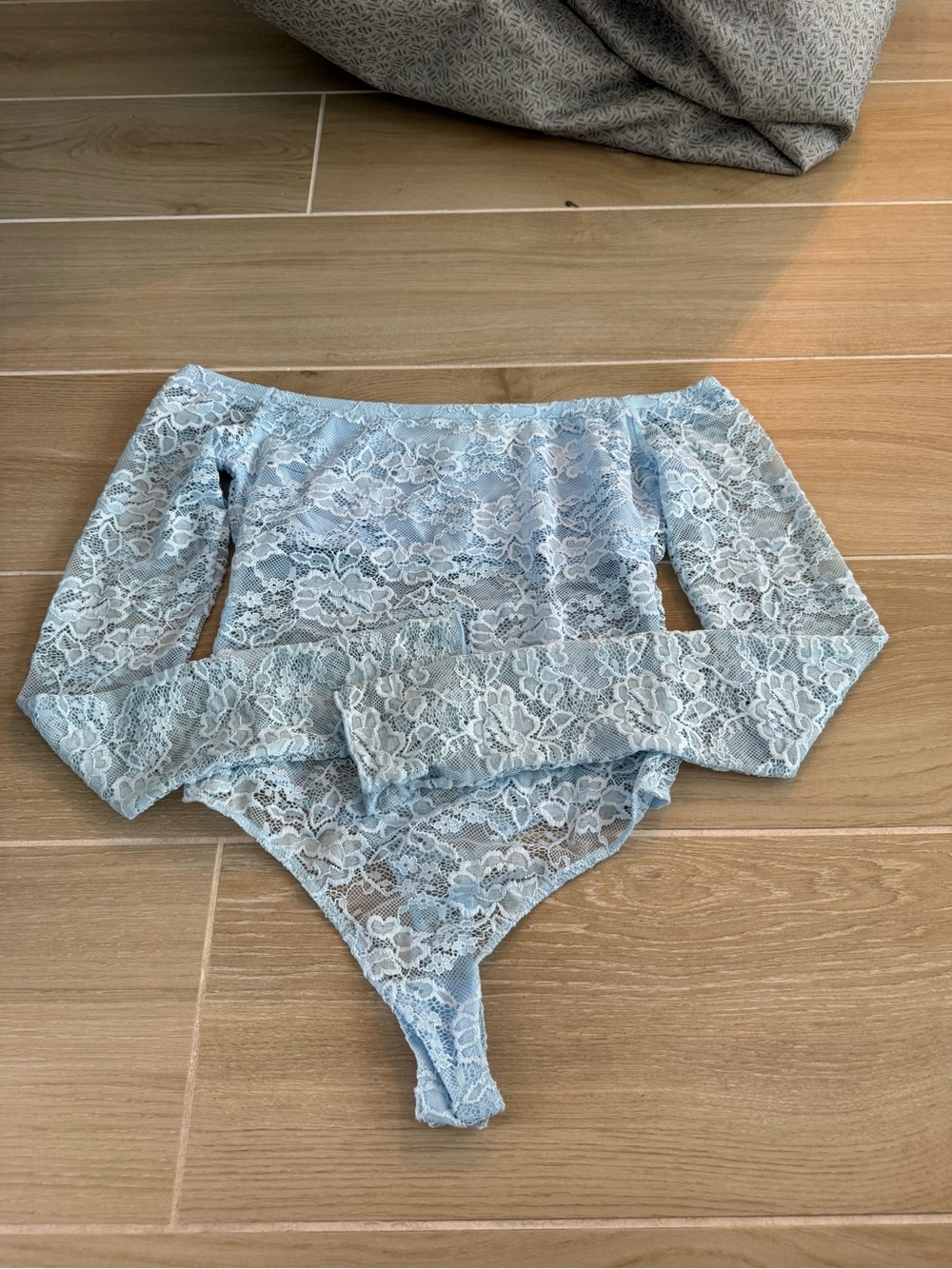Princess Polly Light Blue Lace Off-Shoulder Long-Sleeve Bodysuit